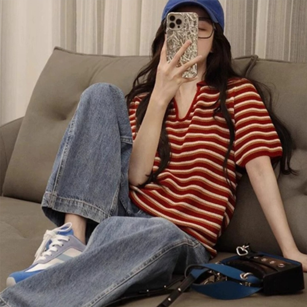 ボーダー服 2025新作 襟付きボーダーニット 半袖ポロカラーシャツ