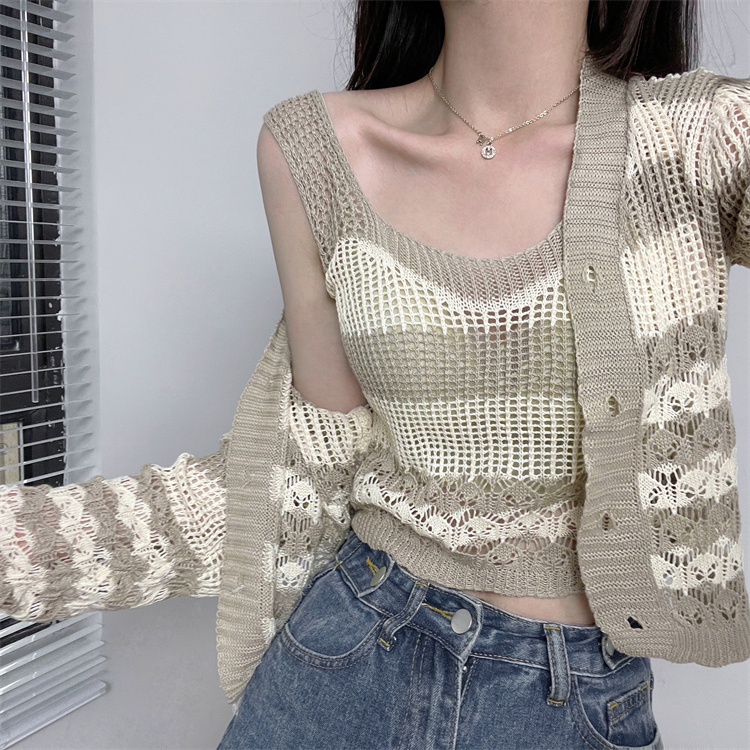 ボーダー服 ボーダー柄ニットカーディガン二点セット秋冬