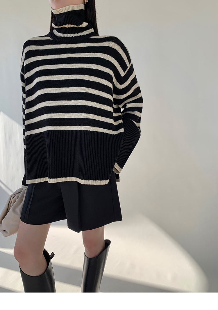 ボーダー服 ボーダー柄タートルネックセーター ゆったりニット