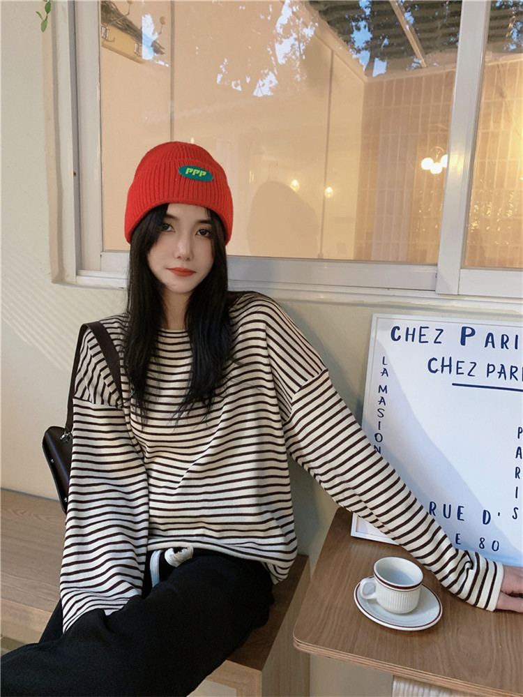 ボーダー服 ロンT ゆったりボーダー丸首ロンT長袖