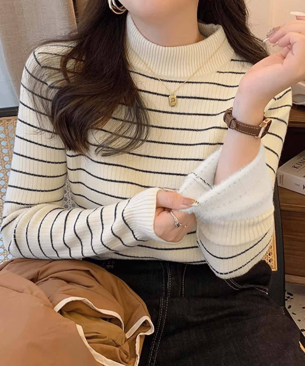 ボーダー服 裏微起毛ボーダーニット厚手タートルネック