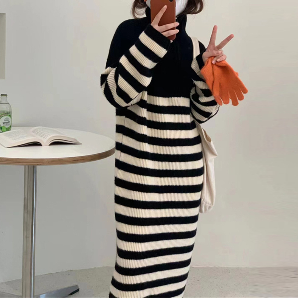 ボーダー服 ボーダーニット長袖ワンピース 襟付きジップ