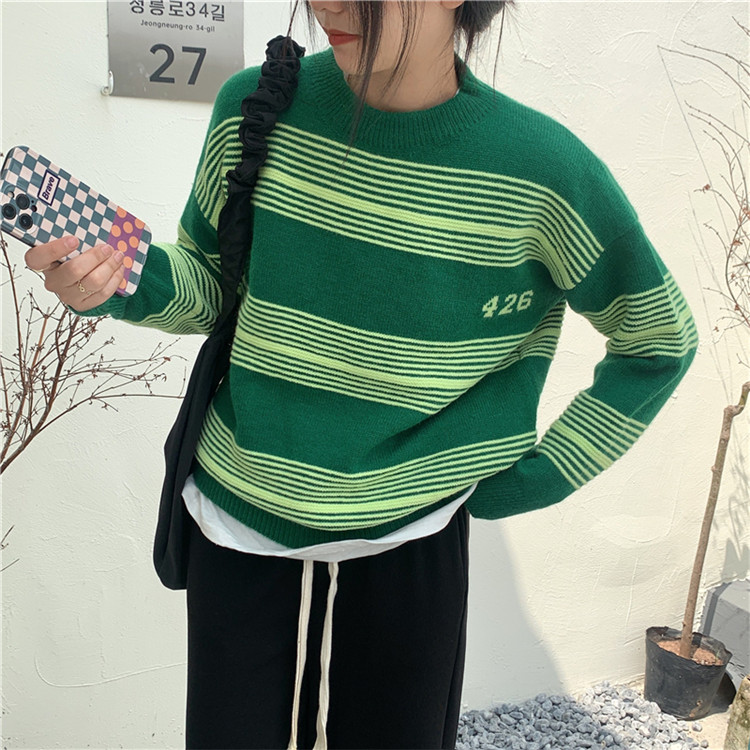 ボーダー服 秋冬ボーダーニットセーター レトロ厚手グリーン