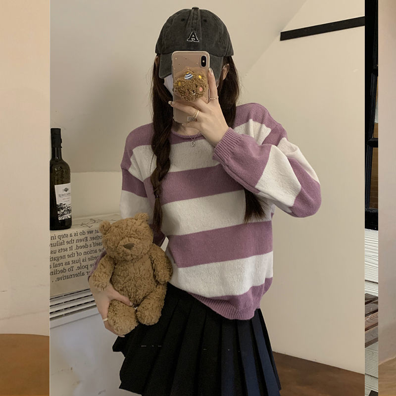 ボーダー服 二〇二三年新作 女性用丸首ボーダーニットセーター 紫白横縞
