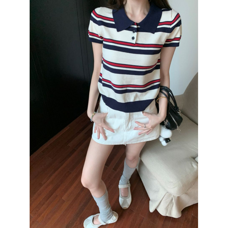 ボーダー服 クラシック横縞襟付きポロシャツ