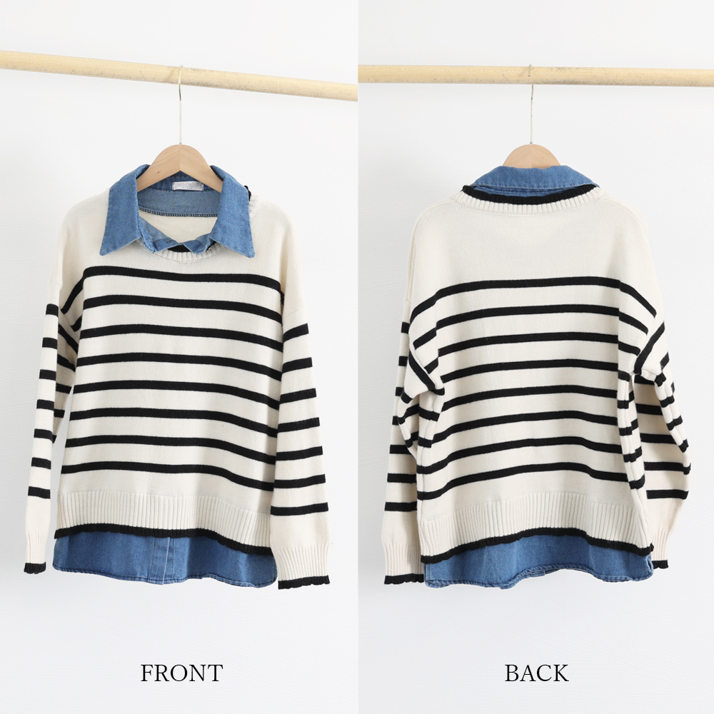 ボーダー服 ボーダーニット重ね着風長袖トップス