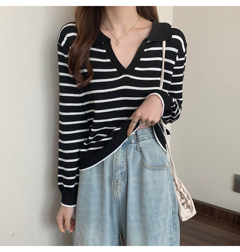 ボーダー服 新作レディース襟付きボーダーニット長袖