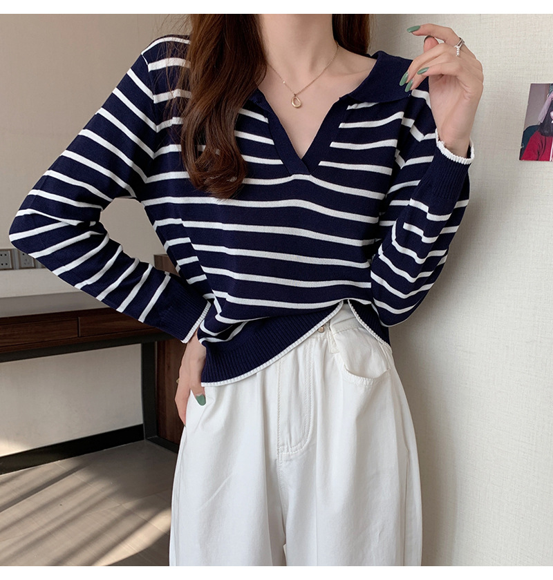 ボーダー服 新作レディース襟付きボーダーニット長袖