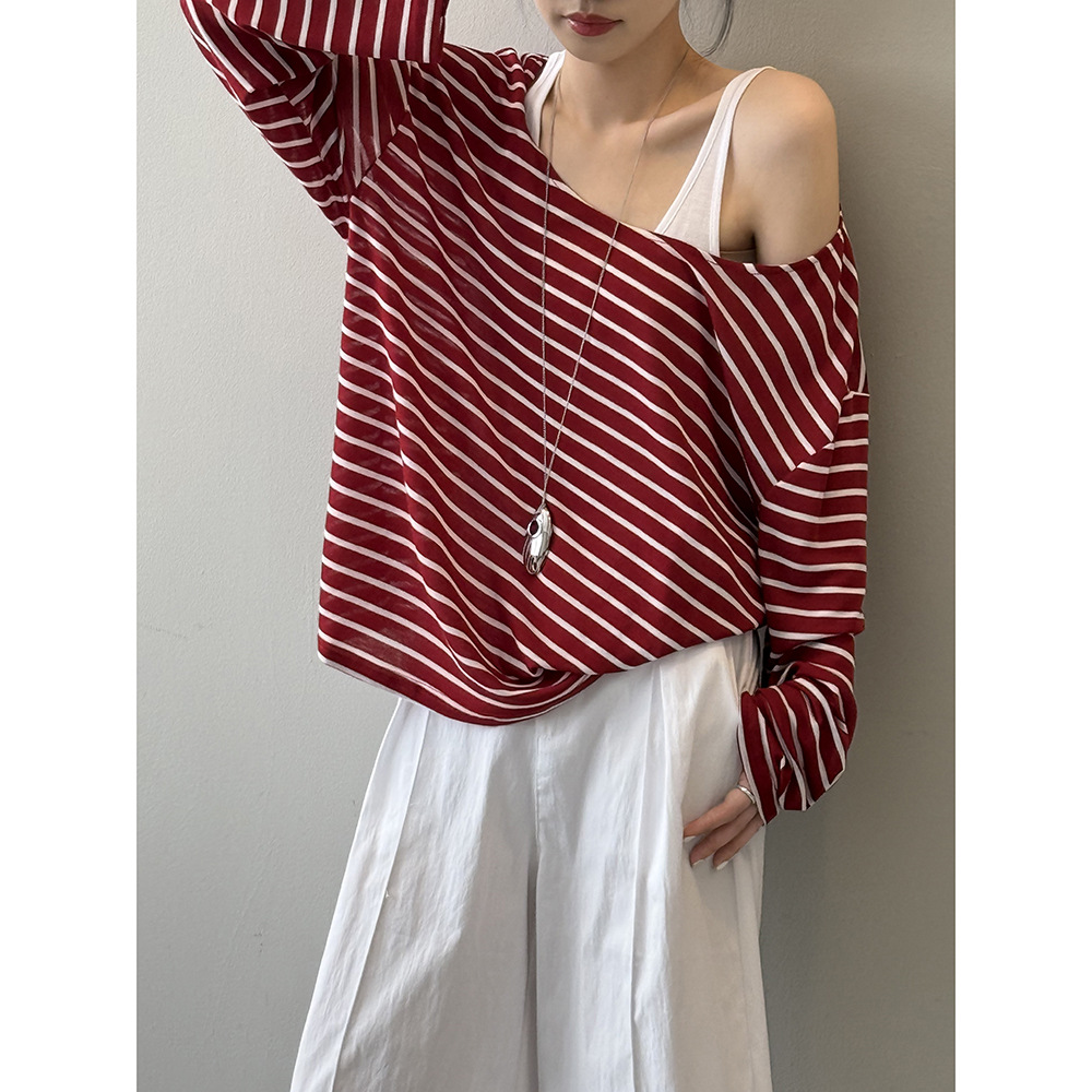 ボーダー服 ゆったりボーダー長袖カットソー