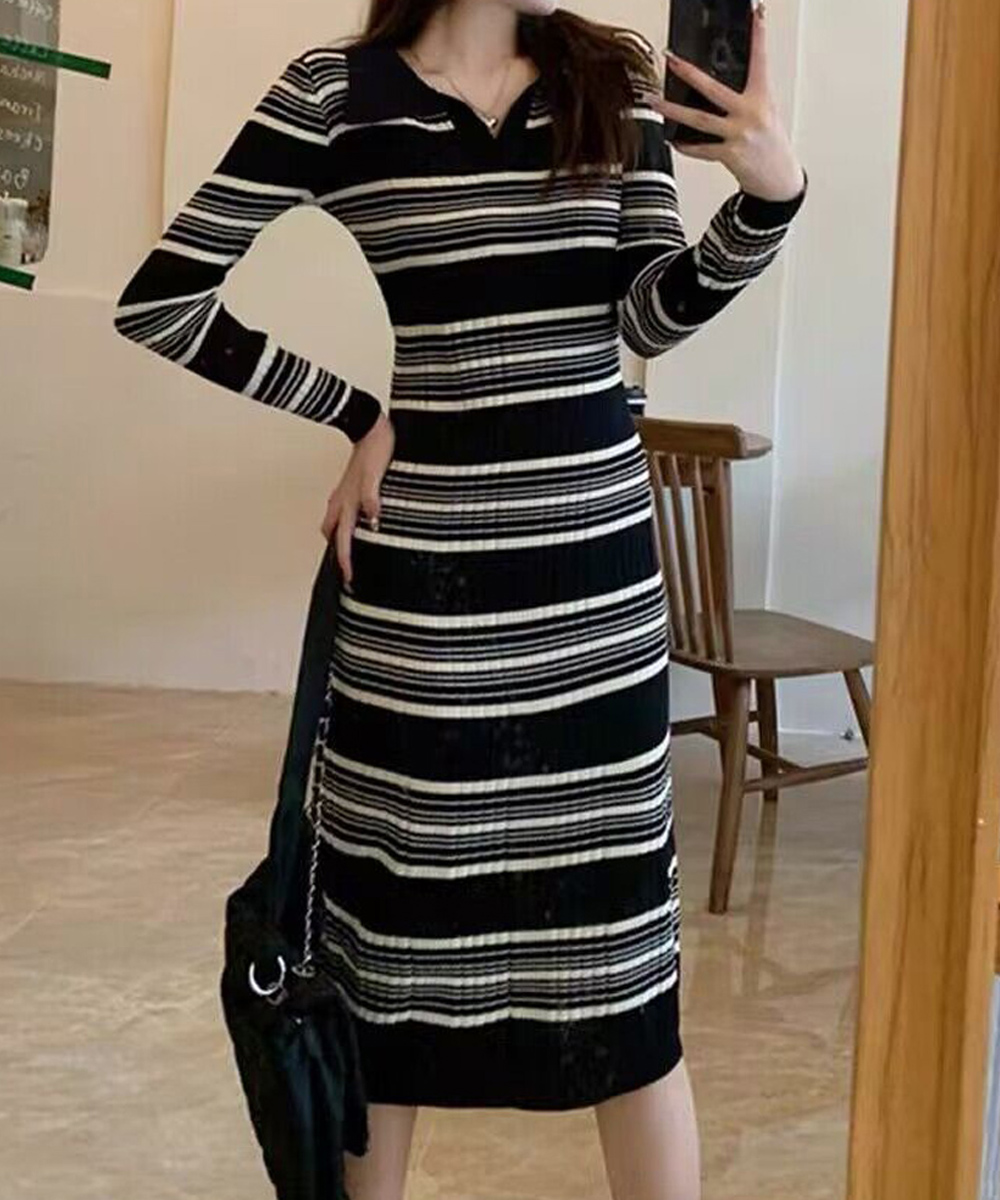 ボーダー服 襟付きボーダーニットワンピース 長袖タイトワンピ