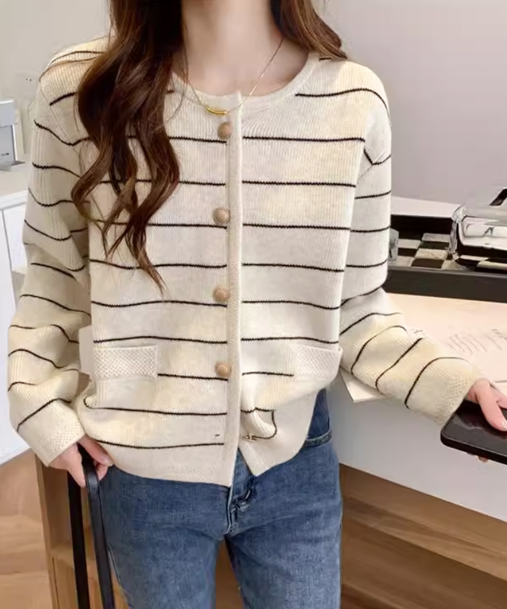 ボーダー服 細ボーダー柄丸首ニットカーディガン