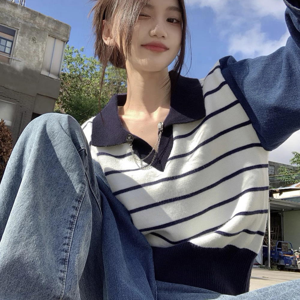 ボーダー服 デニム袖切り替えポロカラーボーダーニット