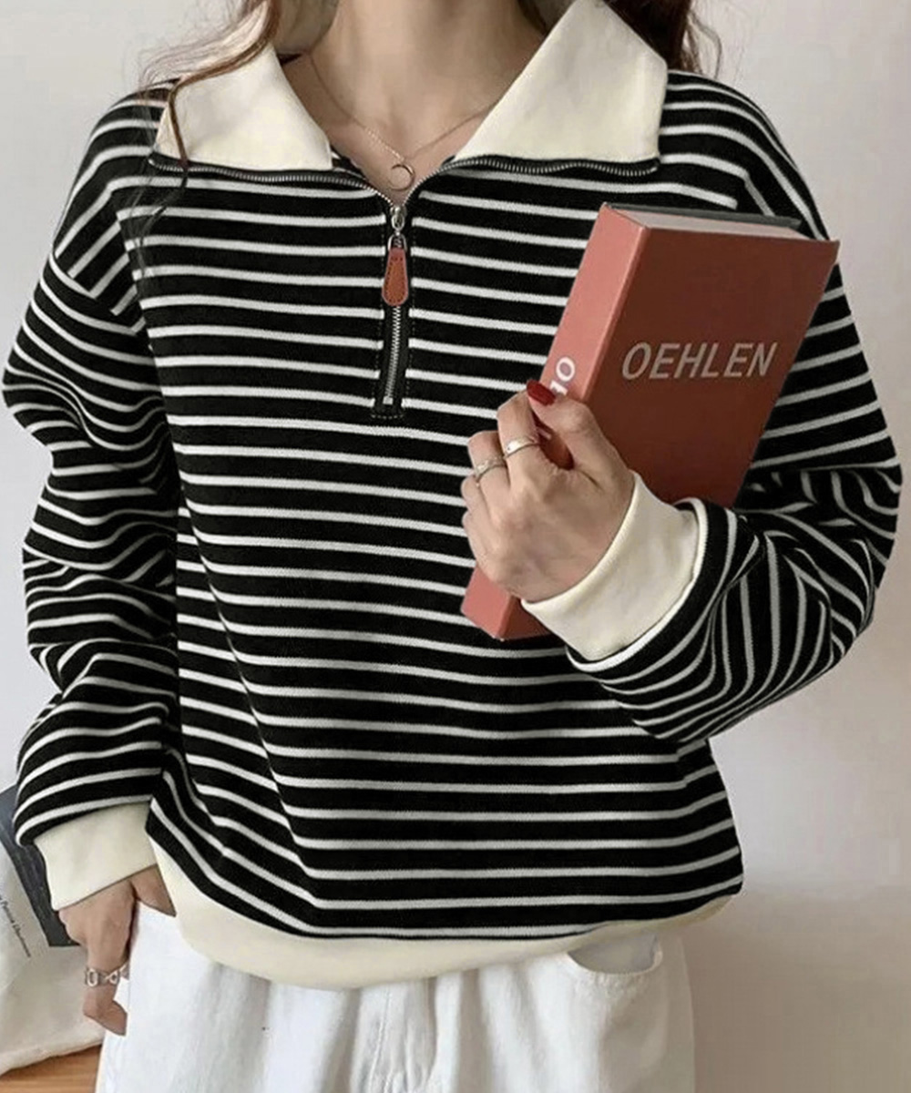 ボーダー服 ハーフジップ襟付きボーダーニット長袖