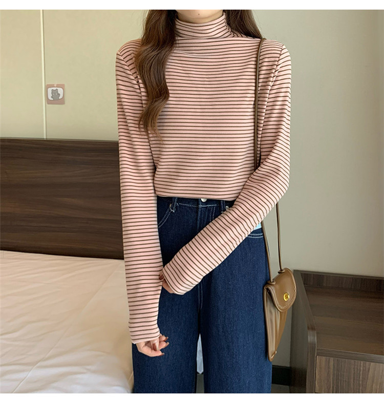 ボーダー服 暖かい厚手ボーダータートルネック長袖シャツ