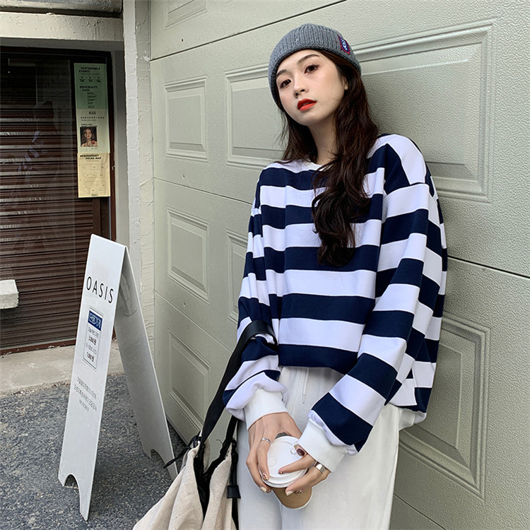 ボーダー服 ロンT ゆったり暖かボーダー柄厚手丸首ロンT