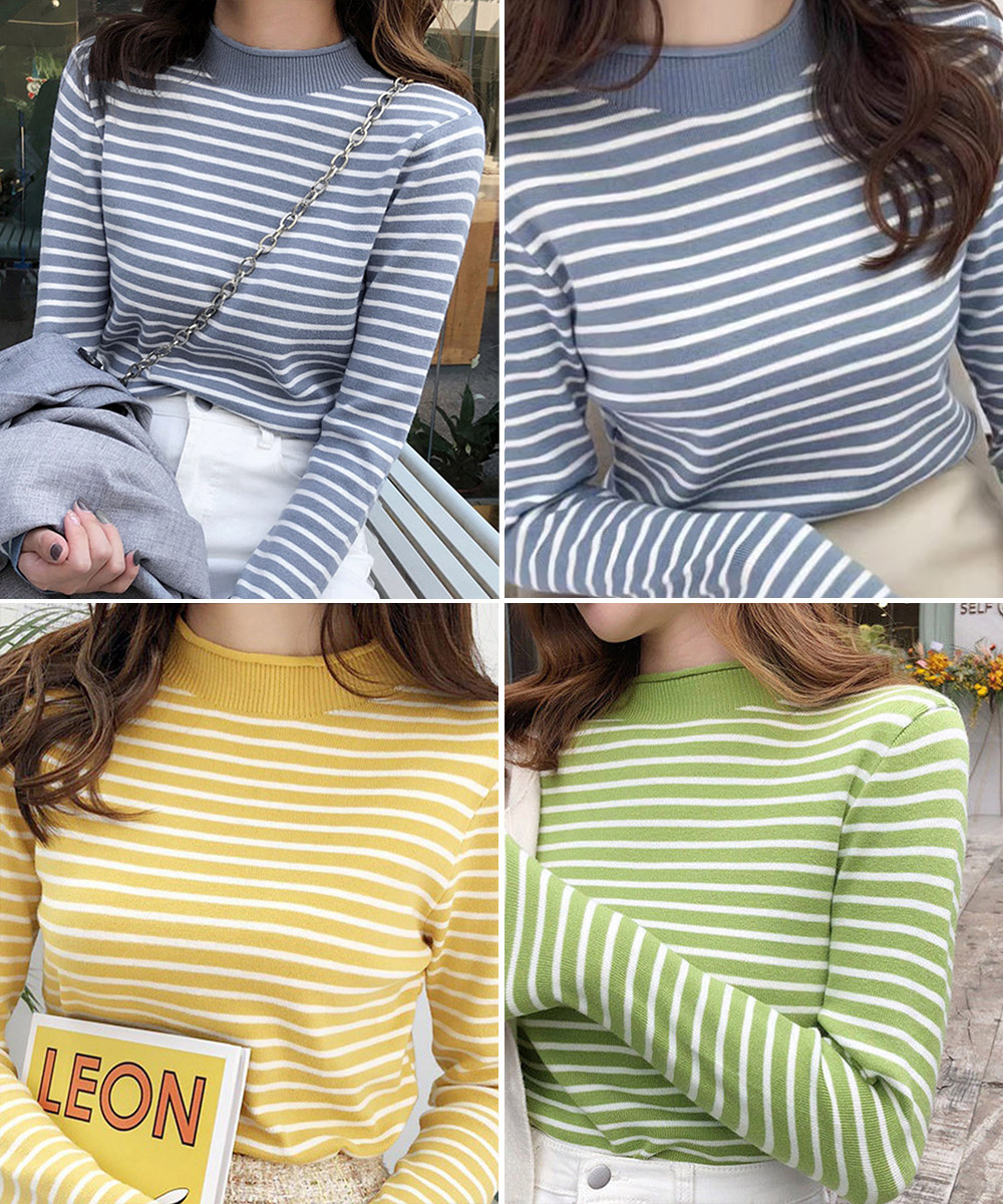 ボーダー服 ボーダー柄長袖ニットトップス