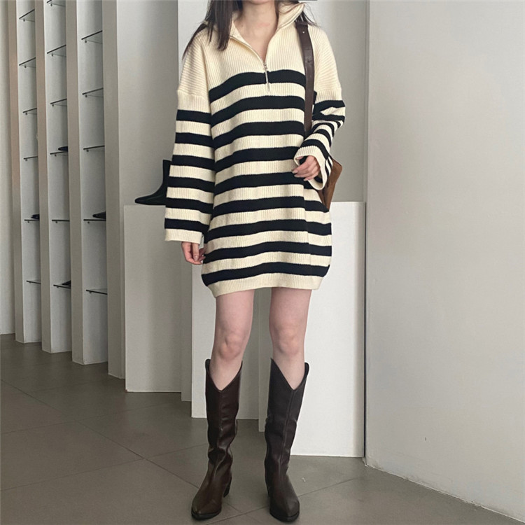 ボーダー服 大人可愛いボーダー柄ニットワンピース