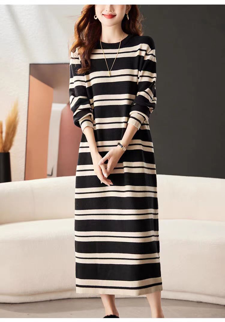 ボーダー服 新作ボーダー柄ニットワンピース長袖ロング丈体型カバー