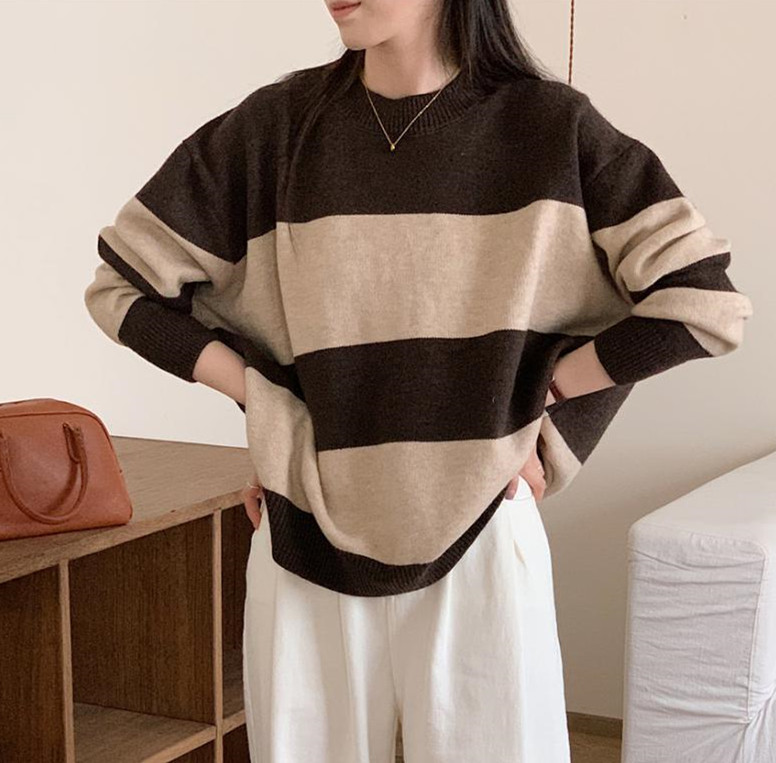 ボーダー服 新作 ボーダー柄ニットセーター ゆったりプルオーバー