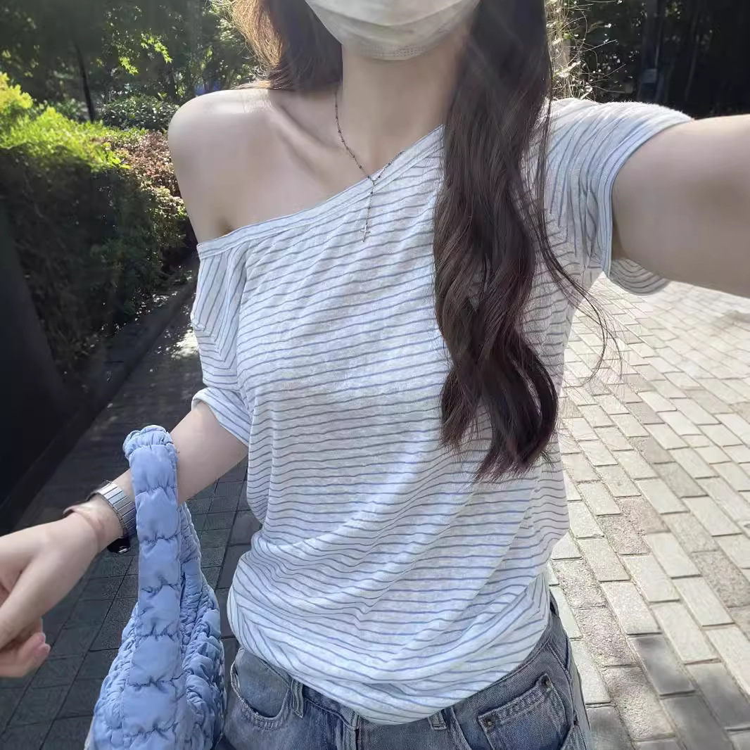 ボーダー 涼感ワンショルダーボーダー半袖