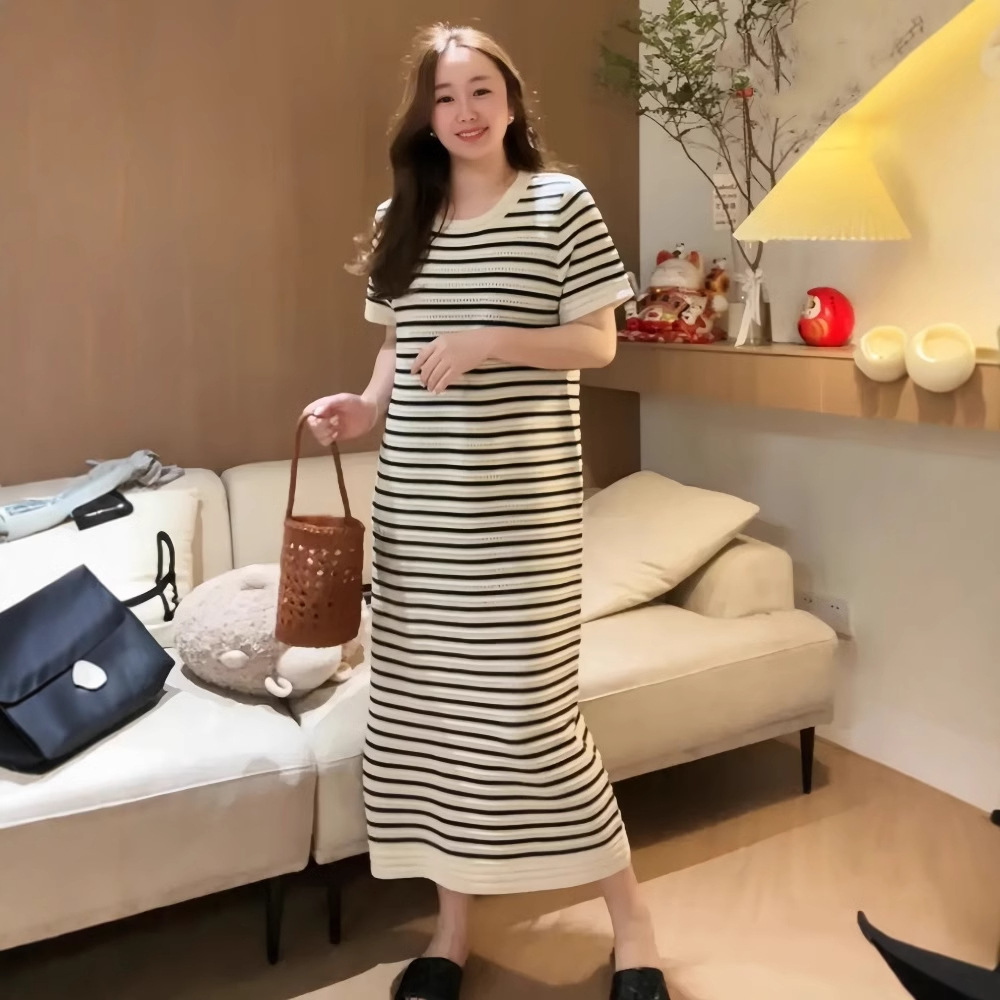 ボーダー服 ボーダー服 涼やか編み目ボーダーニットワンピース