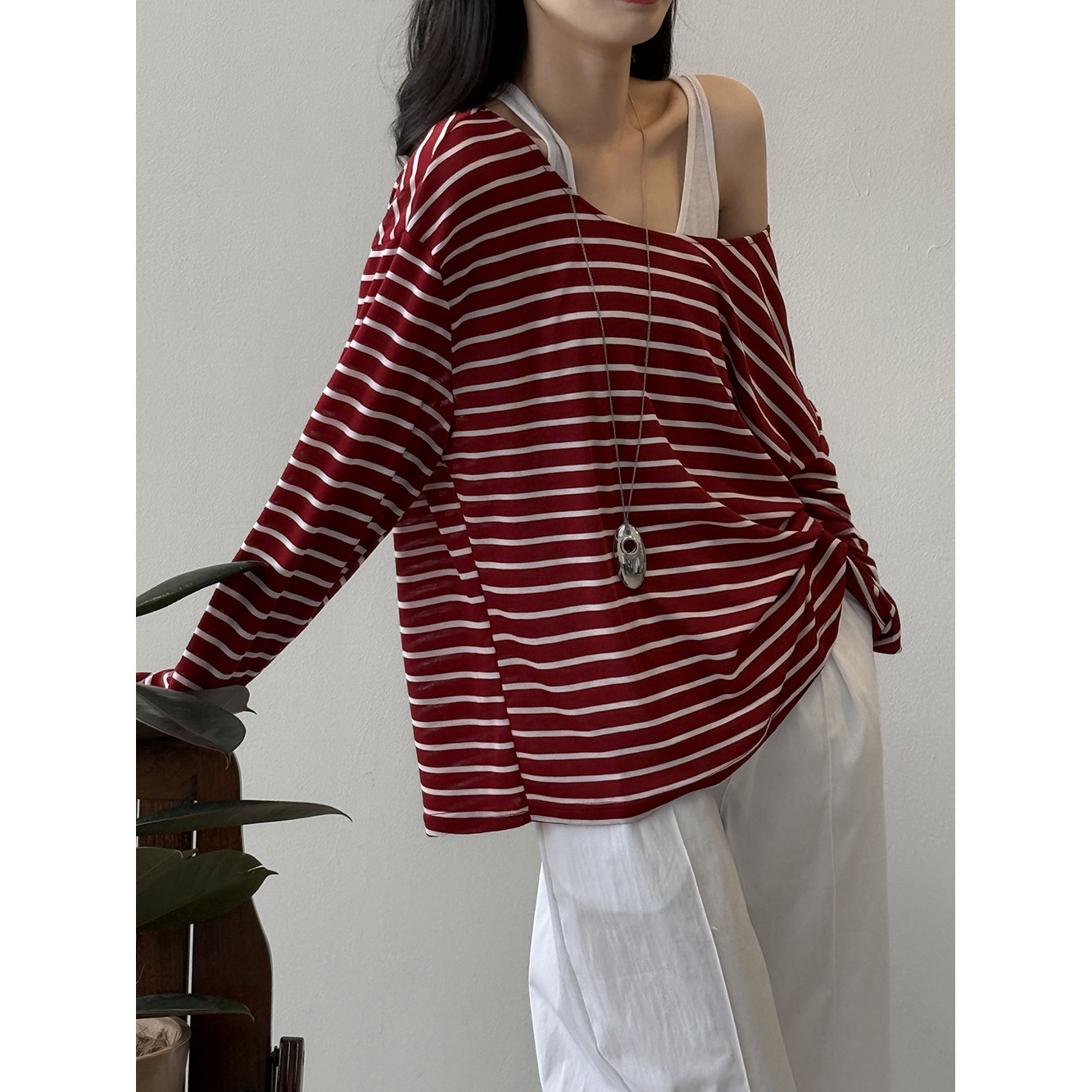 ボーダー服 ゆったりボーダー長袖カットソー