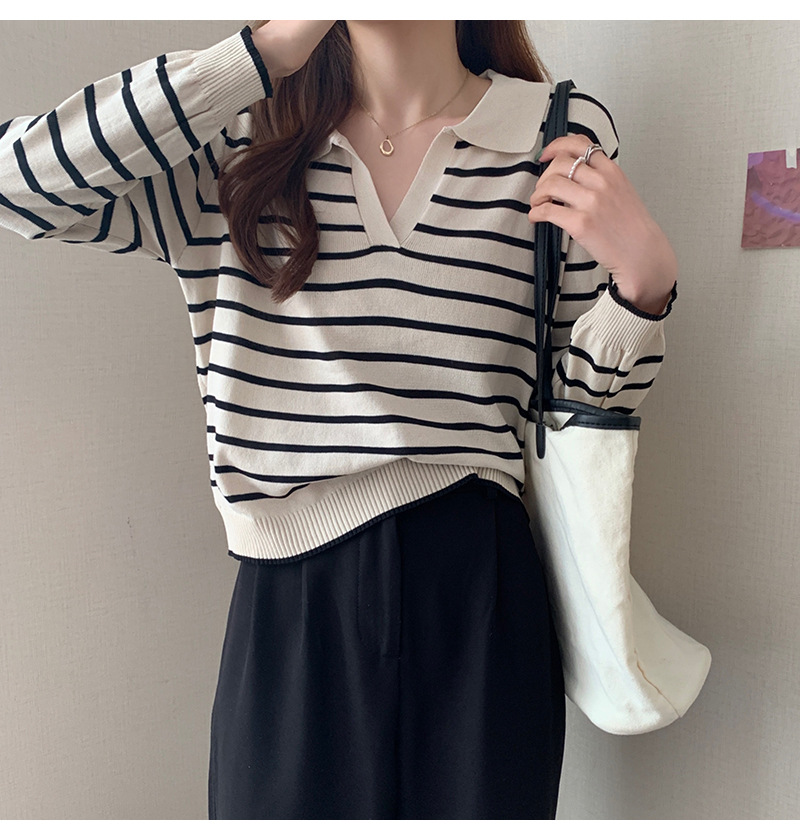 ボーダー服 新作レディース襟付きボーダーニット長袖