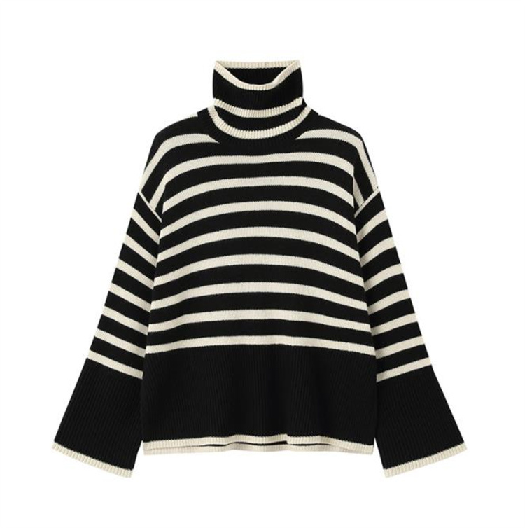 ボーダー服 ボーダー柄タートルネックセーター ゆったりニット