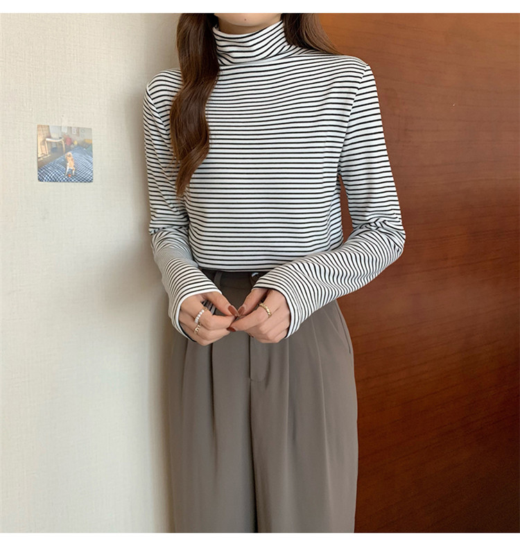 ボーダー服 暖かい厚手ボーダータートルネック長袖シャツ