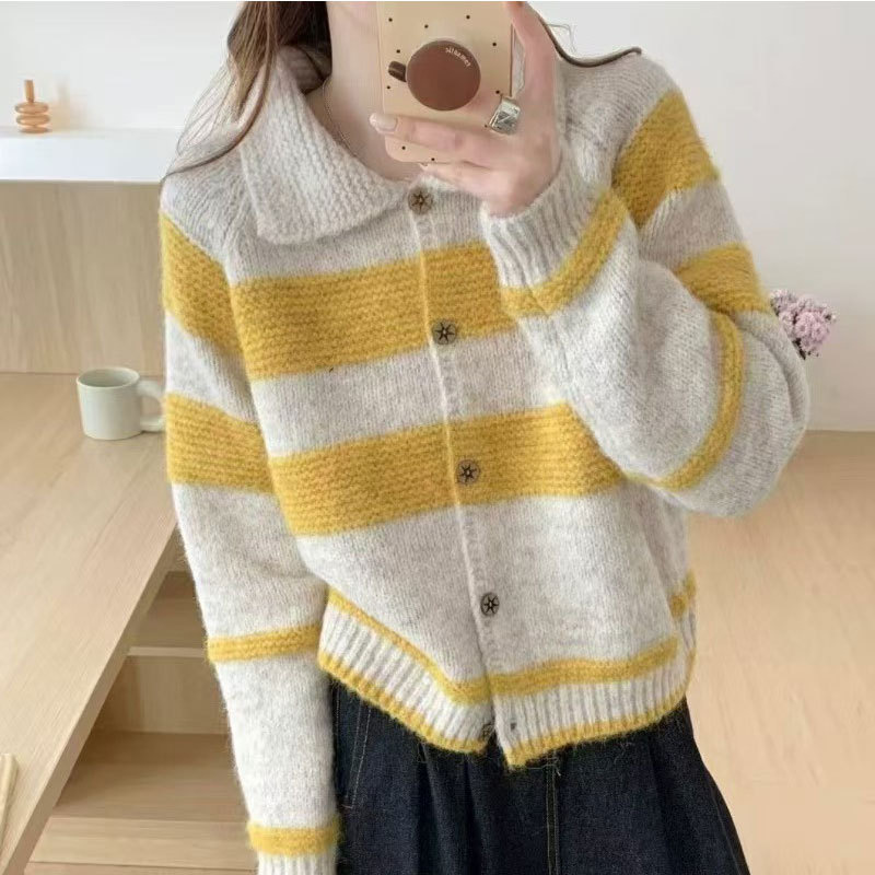 ボーダー服 レトロ襟付きボーダーニットカーディガン