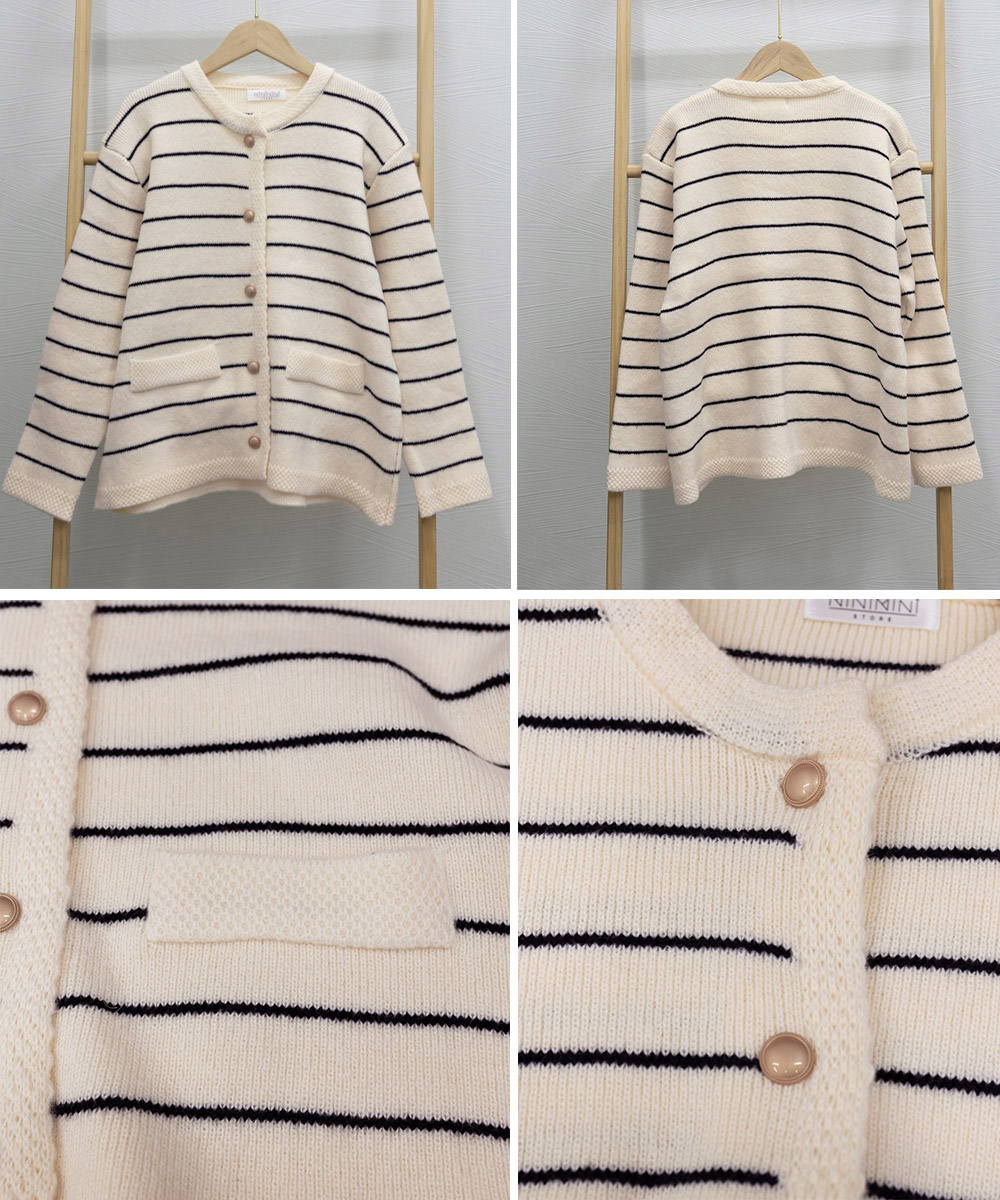ボーダー服 細ボーダー柄丸首ニットカーディガン