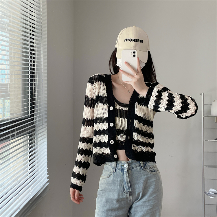 ボーダー服 ボーダー柄ニットカーディガン二点セット秋冬