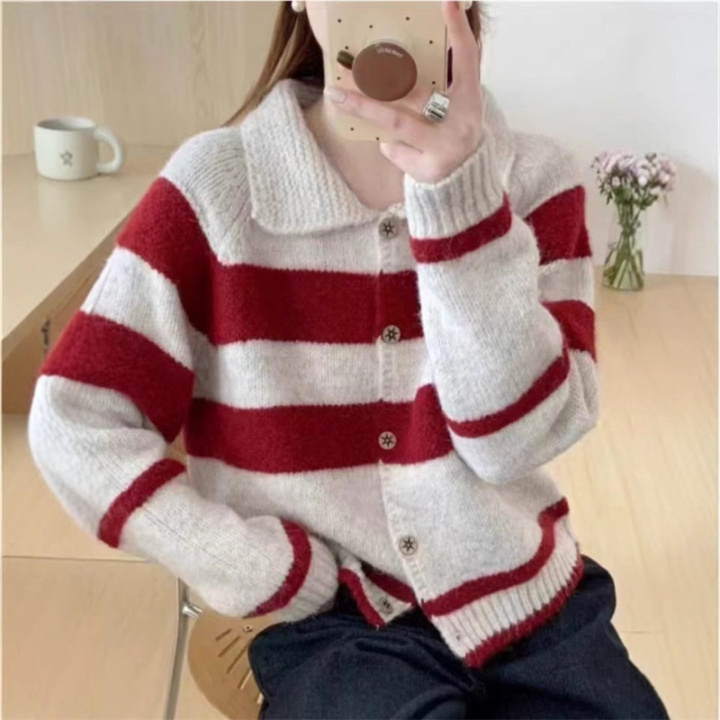 ボーダー服 レトロ襟付きボーダーニットカーディガン
