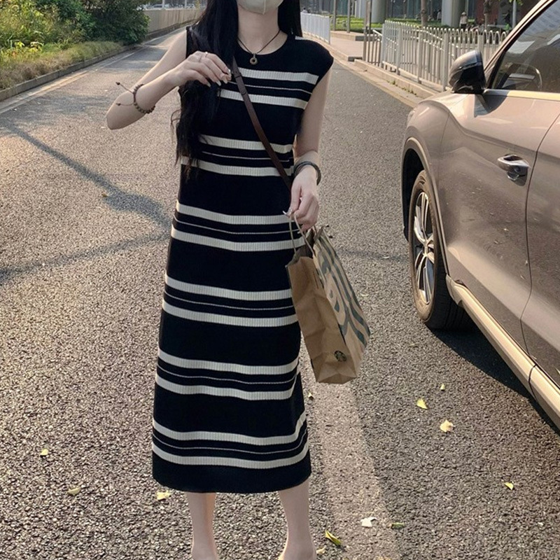 ボーダー服 ボーダー服 リブ編みノースリーブボーダーワンピース