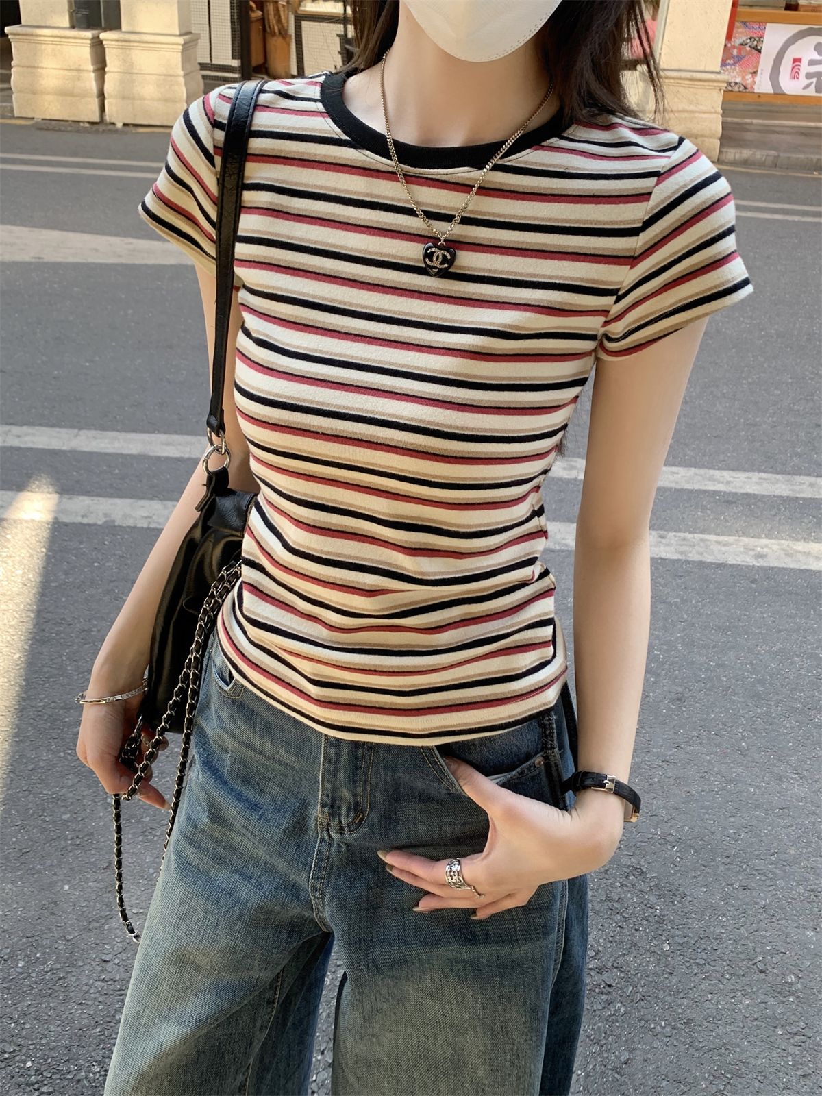 ボーダー シンプル細ボーダー半袖Tシャツ