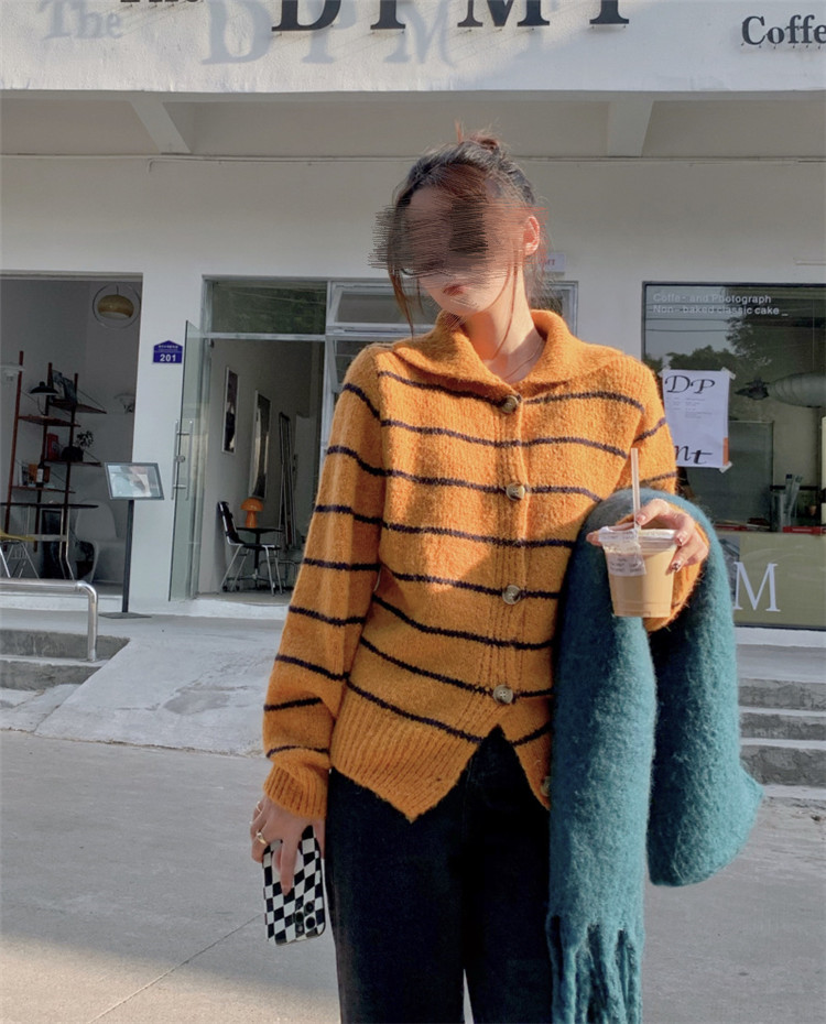 ボーダー服 復古気質ボーダーカーディガン長袖ニット