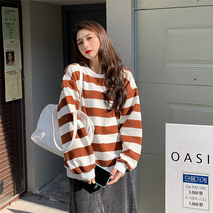 ボーダー服 ロンT ゆったり暖かボーダー柄厚手丸首ロンT