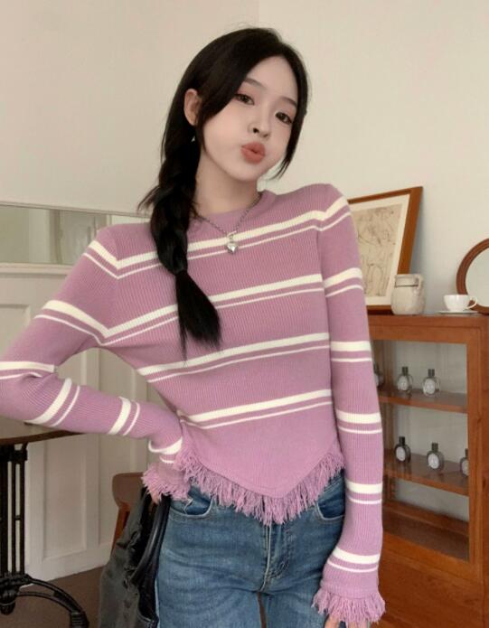 ボーダー服 レディース ボーダーニット フリンジ付き 長袖セーター