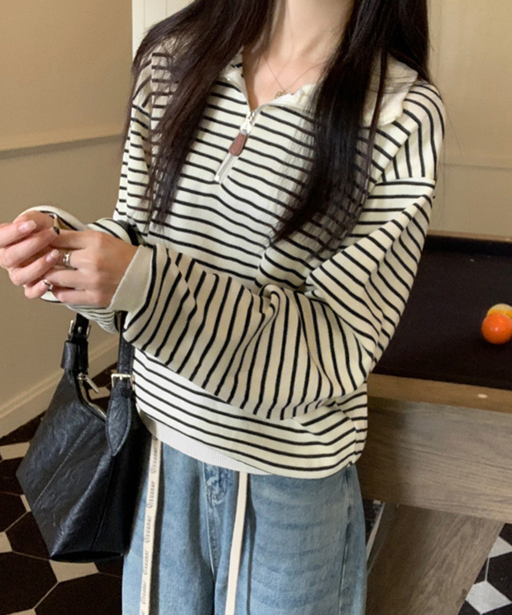ボーダー服 ハーフジップ襟付きボーダーニット長袖