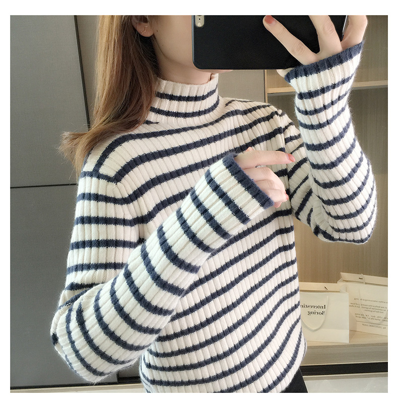 ボーダー服 リブ編み柔らか横縞タートルネック