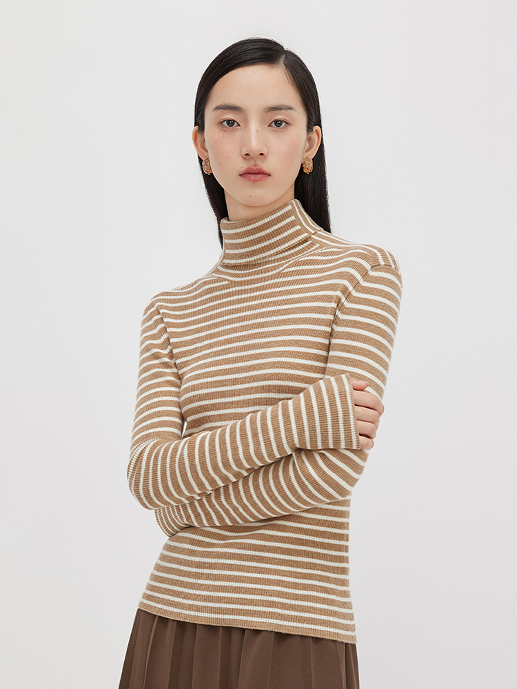 ボーダー服 リブ編み細ボーダータートルネック