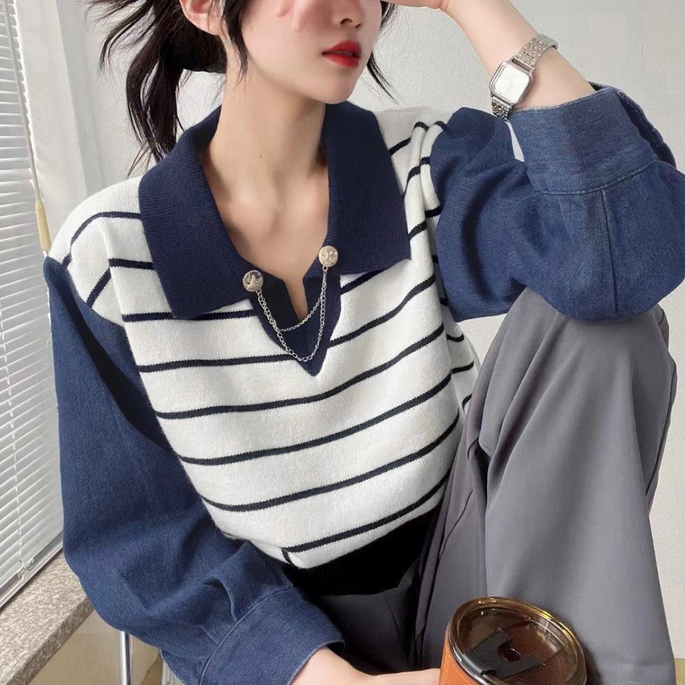 ボーダー服 デニム袖切り替えポロカラーボーダーニット