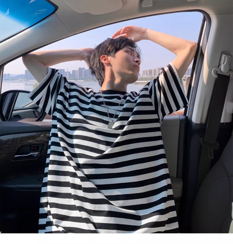 ボーダー服 半袖ボーダー柄カットソー 丸首ゆったりシルエット