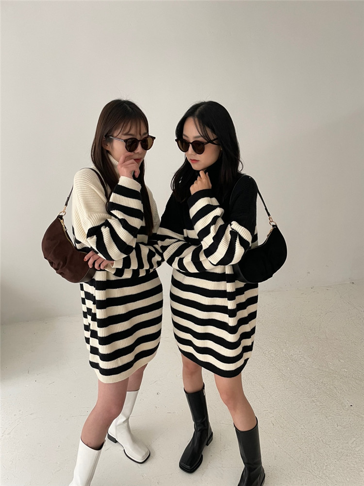 ボーダー服 ジッパー付きボーダーニットワンピース厚手暖かセーター