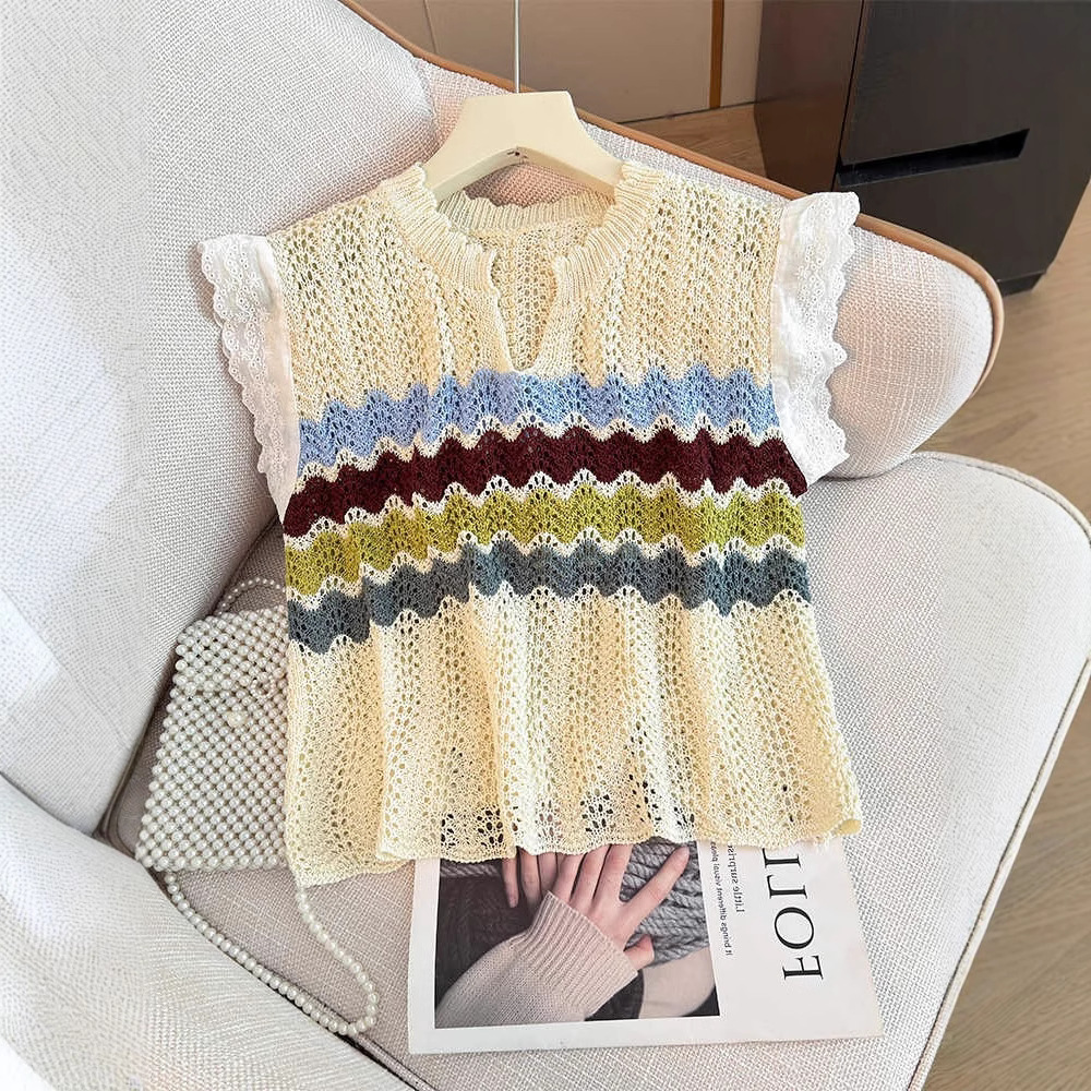 ボーダー服 波紋レース編みノースリーブニット