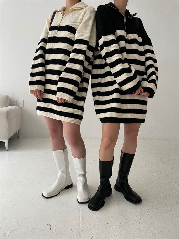 ボーダー服 ジッパー付きボーダーニットワンピース厚手暖かセーター