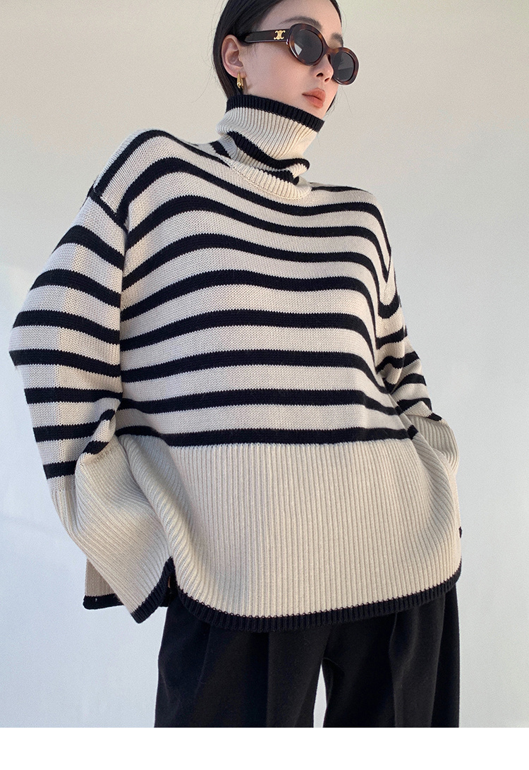 ボーダー服 ボーダー柄タートルネックセーター ゆったりニット