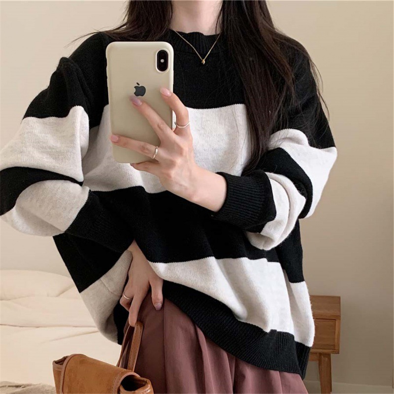 ボーダー服 新作 ボーダー柄ニットセーター ゆったりプルオーバー