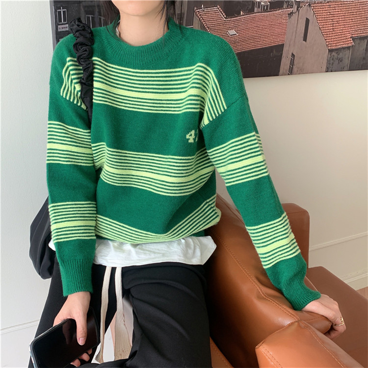 ボーダー服 秋冬ボーダーニットセーター レトロ厚手グリーン