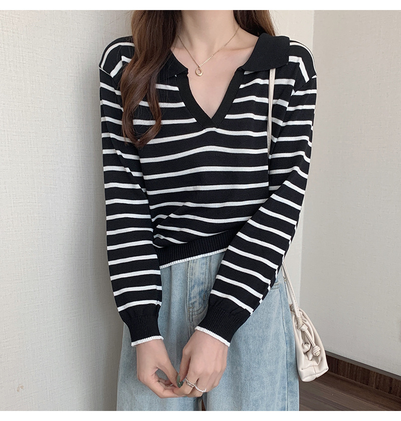 ボーダー服 新作レディース襟付きボーダーニット長袖